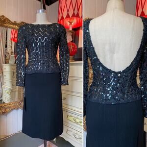 vintage 1980s green and black sequin backless top padded shoulders cocktail med